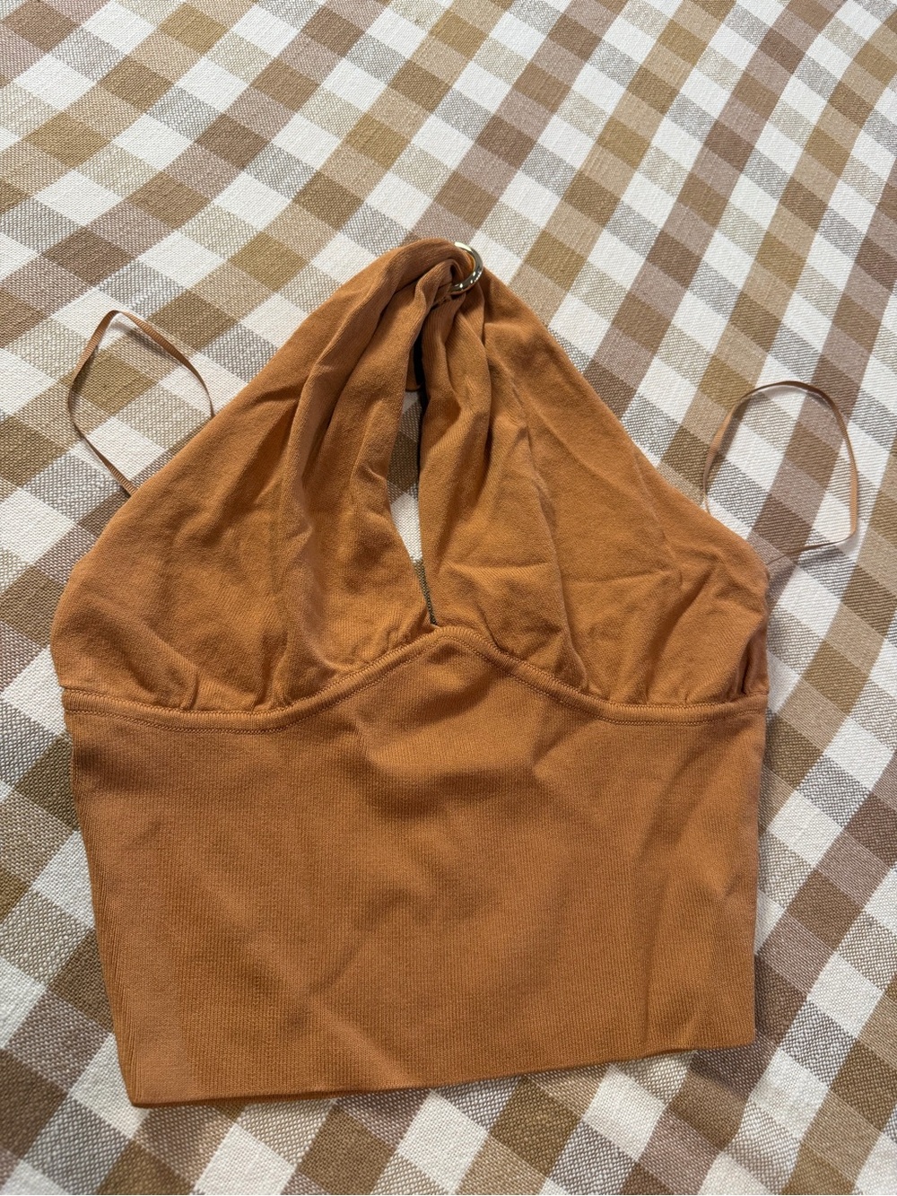 Zara Knit Halter Crop Top Brown Ring Detail Sleeveless Size Small